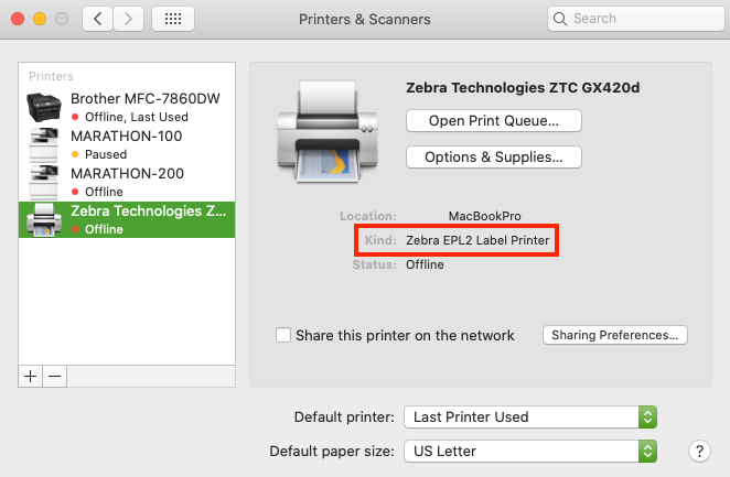 Zebra-Drucker im Mac-Fenster „Drucker und Scanner“ ausgewählt. Das Feld „Kind“ ist hervorgehoben.