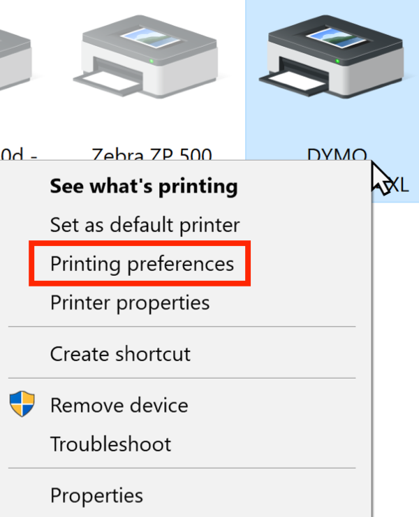 Klicken Sie mit der rechten Maustaste auf das Menü DYMO-Drucker mit hervorgehobenen Druckeinstellungen.