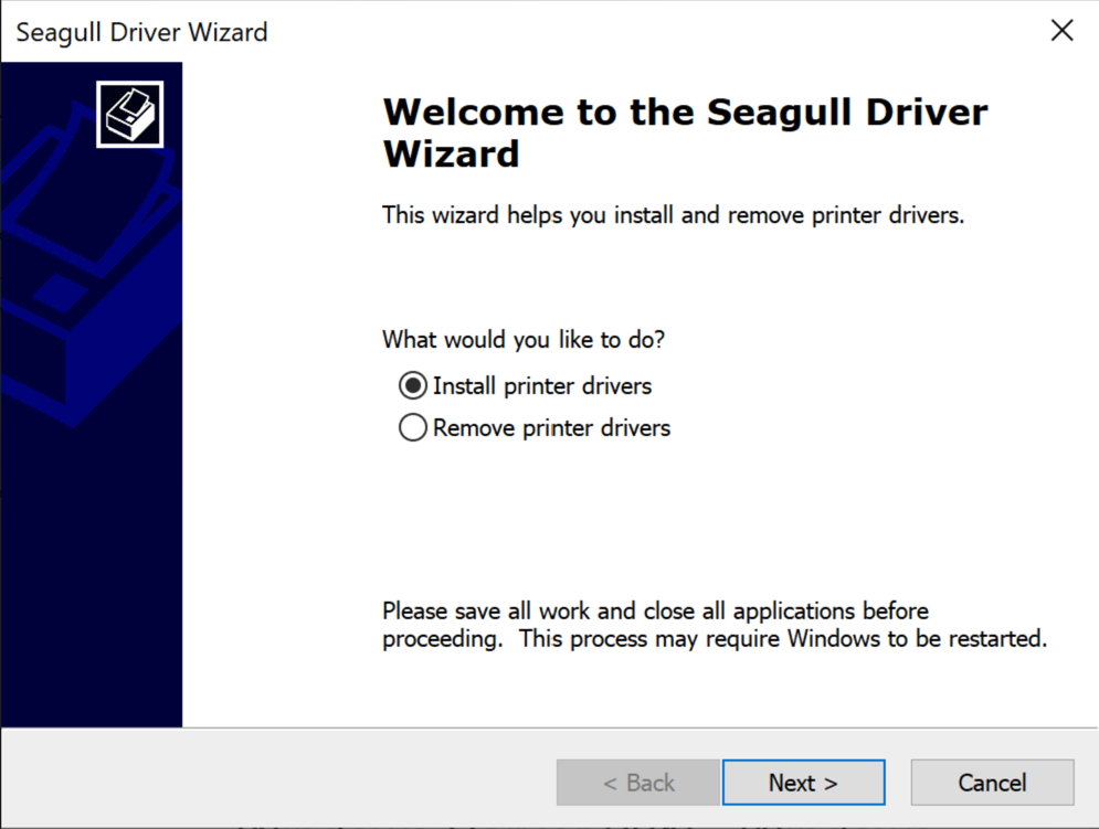Der Seagull-Treiber-Installationsassistent erscheint auf der ersten Seite des Windows-Geräts.