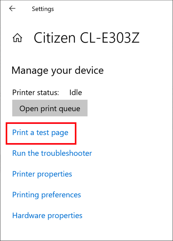Das Gerätemenü „Citizen-Druckerverwaltung“ mit ausgewählter Option „Testseite drucken“.