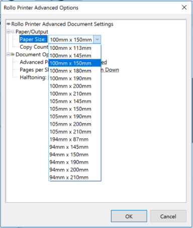Windows Printing Preferences Advanced Options for Rollo with paper size set to 100mm x 150mm.