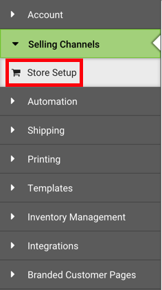 Auswahlmöglichkeiten auf der Seite „Einstellungen“ mit Umrissmarkierung für die Option „Shop-Setup für Verkaufskanäle“.