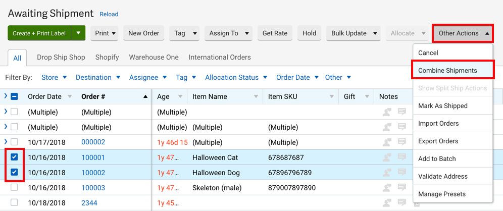 Orders tab with 2 selected shipments, Other Actions dropdown menu Combine Shipments option selected