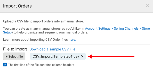 Closeup of CSV Import pop-up. Red arrow points to CSV file that user selected for import.