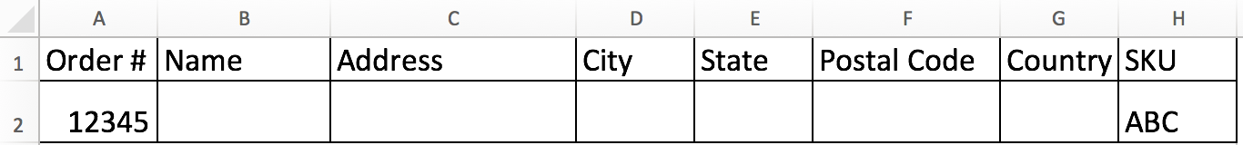 Auftrags-CSV-Datei in Excel mit in allen Spalten ausgefüllten Auftragsinformationen für Auftragsnummer und SKUs.