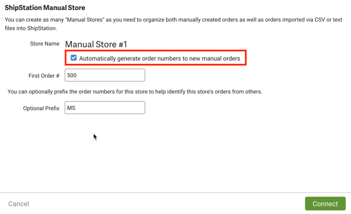 Manual store settings with outline around the "Automatically generate order number" option, which is enabled.