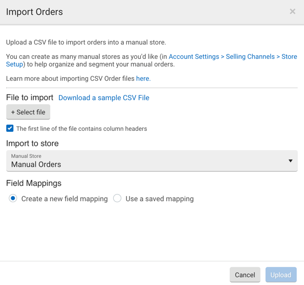 Das Popup-Fenster „CSV-Auftragsimport“ von ShipStation, in dem Sie Ihre CSV-Datei hinzufügen und den Shop auswählen, in den importiert werden soll.