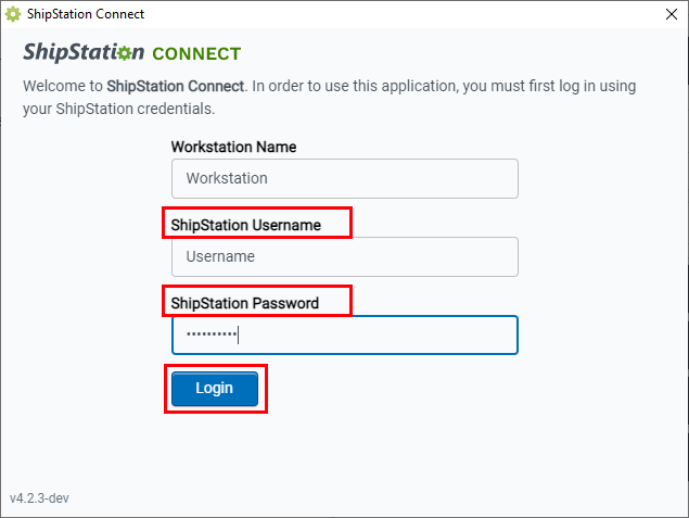 Der Anmeldebildschirm von ShipStation Connect wird angezeigt, wobei die Felder „Benutzername“ und „Passwort“ hervorgehoben sind.