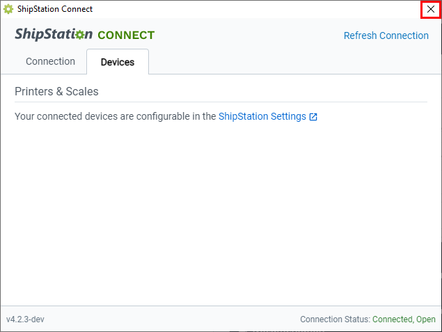 ShipStation Connect ist mit dem X geöffnet, um die markierte Anwendung zu schließen.